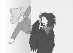 Rule 34 | 1girl, bird, crow, crowanon, crowgirl, crying, drawfag, feathers, greyscale, harpy, messy hair, monochrome, monster girl, original, scarecrow, scared, wall, winged arms, wings