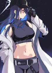 Rule 34 | 1girl, baseball cap, belt, black gloves, black hair, black hat, blue archive, blue eyes, blue hair, colored inner hair, crop top, gloves, glowing, glowing eyes, halo, hand in pocket, hat, ichinomiya (blantte), jacket, looking to the side, multicolored hair, navel, night, night sky, open clothes, open jacket, profile, saori (blue archive), sketch, sky, solo, standing, star (sky), stomach, thigh gap, two-tone hair, white jacket