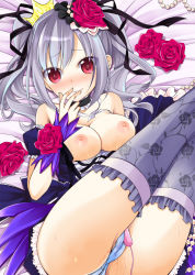 Rule 34 | 10s, 1girl, ass, bare shoulders, blush, breasts, breasts out, dress, dress tug, flower, hair flower, hair ornament, idolmaster, idolmaster cinderella girls, kanzaki ranko, long hair, lying, nipples, on back, panties, pussy juice, pussy juice stain, pussy juice trail, red eyes, ribbon, rose, sakura hanatsumi, sex toy, silver hair, smile, solo, sweat, thighhighs, twintails, underwear, vibrator, wet, wet clothes, wet panties