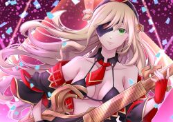 Rule 34 | 1girl, blonde hair, breasts, cleavage, closed mouth, collarbone, commentary request, eyepatch, fingerless gloves, gloves, green eyes, highres, holding, holding instrument, instrument, long hair, looking at viewer, medium breasts, music, necktie, othinus, playing instrument, red gloves, red necktie, smile, solo, toaru majutsu no index, toaru majutsu no index: new testament, zack betsuaka