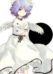 Rule 34 | 1girl, absurdres, angel wings, arms behind back, black ribbon, black sash, blue eyes, blue hair, bow, breasts, buttons, closed mouth, commentary request, dress, expressionless, feathered wings, frilled dress, frilled sleeves, frills, hair bow, highres, light blue hair, mai (touhou), neck ribbon, puffy short sleeves, puffy sleeves, ribbon, sash, short hair, short sleeves, small breasts, solo, touhou, touhou tag dream, user ymad5434, wavy hair, white bow, white dress, white wings, wings