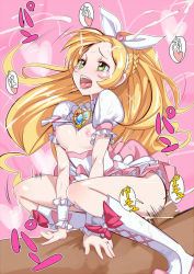 Rule 34 | 10s, 1girl, ahegao, bad id, bad pixiv id, blonde hair, boots, bow, breastless clothes, breasts, clothed sex, cowgirl position, cum, cure rhythm, dress, girl on top, green eyes, hair bow, happy sex, heart, hetero, knee boots, long hair, magical girl, minamino kanade, nipples, no bra, orgasm, petite, pink background, precure, ribbon, sex, small breasts, solo focus, spoken heart, straddling, suite precure, tears, text focus, tongue, uncensored, vaginal, white dress, zaitsu