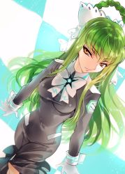 Rule 34 | 10s, 1girl, breasts, c.c., code geass, covered navel, creayus, dress, female focus, gloves, green hair, long hair, luck &amp; logic, ponytail, solo, white gloves, wide hips, yellow eyes