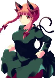 Rule 34 | 1girl, animal ears, blunt bangs, bow, braid, breasts, cat ears, dress, forked tail, fumikiri (dake no hito), green dress, hair bow, highres, juliet sleeves, kaenbyou rin, large breasts, light smile, long sleeves, looking at viewer, nekomata, pantyhose, puffy sleeves, red eyes, red hair, simple background, solo, tail, touhou, twin braids, white background