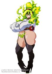 Rule 34 | 1girl, boku no hero academia, boots, breasts, bunkwizard, burnin (boku no hero academia), cleft of venus, clothes, covered erect nipples, female focus, female pubic hair, fiery pubic hair, fire hair, green hair, highres, huge breasts, huge nipples, kamiji moe, long hair, nipples, pubic hair, pussy, simple background, smile, solo, symbol-shaped pupils, thigh boots, white background, yellow eyes