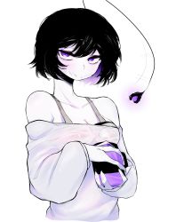 Rule 34 | 1girl, :/, absurdres, antennae, black hair, closed mouth, colored inner hair, colored skin, commentary, cup, hemuling, highres, holding, holding cup, long sleeves, looking at viewer, monster girl, mug, multicolored hair, off-shoulder sweater, off shoulder, original, purple eyes, purple hair, short hair, simple background, sleeves past wrists, solo, sweater, symbol-only commentary, two-tone hair, upper body, webbed hands, white background, white skin
