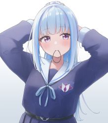 Rule 34 | 1girl, absurdres, arms behind head, arms up, belt, blue hair, blue shirt, blush, breast pocket, closed mouth, commentary request, ene mizunoawa, hair tie, highres, lize helesta, long hair, long sleeves, looking at viewer, mouth hold, nijisanji, pocket, ponytail, purple eyes, sailor collar, school uniform, serafuku, shirt, solo, tying hair, upper body, virtual youtuber, white sailor collar