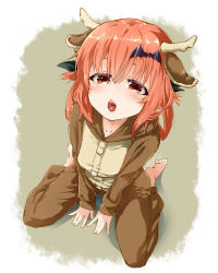 Rule 34 | 10s, 1girl, :o, animal costume, animal ears, antlers, bad id, bad pixiv id, barefoot, blush, commentary request, eyebrows, from above, full body, gabriel dropout, hair between eyes, hair ribbon, highres, horns, long hair, looking at viewer, open mouth, pajamas, red eyes, red hair, reindeer costume, revision, ribbon, satanichia kurumizawa mcdowell, sazanka, shadow, sitting, solo, teeth, tongue, upper teeth only, wariza
