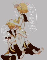 Rule 34 | 1boy, 1girl, barefoot, blonde hair, blue eyes, blue hair, blush, bow, brother and sister, couple, hair ornament, hair ribbon, hairclip, hard-translated, hetero, incest, kagamine len, kagamine rin, licking, panties, ribbon, sakanashi, siblings, third-party edit, translated, twincest, twins, underwear, vocaloid, yellow panties