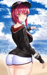 Rule 34 | 1girl, alternate costume, ass, baseball cap, breasts, fingerless gloves, from behind, gloves, hat, heterochromia, highres, hololive, houshou marine, huge ass, jacket, large breasts, long hair, looking at viewer, o22no, parted lips, red eyes, red hair, shiny clothes, shiny skin, short shorts, shorts, sideboob, smile, solo, thick thighs, thighs, virtual youtuber, yellow eyes