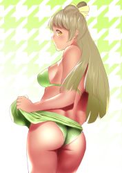 Rule 34 | 10s, 1girl, ass, back, bikini, blush, bow, breasts, closed mouth, cowboy shot, eyebrows, green background, green bikini, hair bow, highres, jorori, large breasts, long hair, looking at viewer, looking back, love live!, love live! school idol project, minami kotori, one side up, profile, shade, smile, solo, swimsuit, two-tone background, white background, yellow eyes