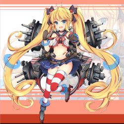 Rule 34 | 1girl, andrea doria (warship girls r), blonde hair, gloves, jianren, long hair, official art, open mouth, panties, remodel (warship girls r), school uniform, serafuku, solo, striped clothes, striped thighhighs, thighhighs, twintails, underwear, very long hair, warship girls r, white panties, zoom layer