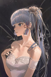 Rule 34 | 1girl, absurdres, alternate costume, ayaka (genshin impact), bare shoulders, blue eyes, blunt bangs, blunt tresses, breasts, bridal veil, dress, flower, flower knot, genshin impact, gradient background, hair flower, hair ornament, hair ribbon, highres, hy (hem oo), lace, lace-trimmed dress, lace-trimmed sleeves, lace trim, long hair, looking to the side, medium breasts, mole, mole under eye, off-shoulder dress, off shoulder, parted lips, ponytail, red ribbon, ribbon, see-through, short sleeves, solo, tress ribbon, upper body, veil, white dress, white hair