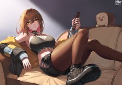 Rule 34 | 1girl, absurdres, arm support, black choker, black footwear, boots, breasts, brown hair, brown pantyhose, choker, cleavage, closed mouth, colored inner hair, couch, criss-cross halter, halterneck, highres, holding, holding knife, indoors, jacket, jacket partially removed, knife, kokukyukeo, large breasts, light frown, looking at viewer, midriff, multicolored hair, navel, off shoulder, original, pantyhose, pink hair, short hair, shorts, solo, sports bra, stomach, two-tone hair, yellow eyes