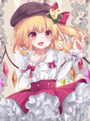 Rule 34 | 1girl, :d, absurdres, adapted costume, beige background, beret, blonde hair, blush, bow, brown headwear, collarbone, commentary request, crystal, eyelashes, fangs, flandre scarlet, floral background, flower, frilled skirt, frills, hair bow, hat, highres, lips, long sleeves, nail polish, one side up, open mouth, orange eyes, red bow, red nails, red skirt, shirt, skirt, smile, striped, tongue, touhou, vertical stripes, white shirt, wings, yuria (kittyluv)