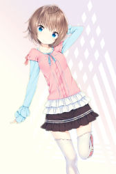 Rule 34 | 1girl, ahoge, arm behind head, arm up, black skirt, blue eyes, blush, bow, brown hair, checkered clothes, checkered skirt, collarbone, footwear bow, frilled skirt, frilled sleeves, frills, gradient background, head tilt, highres, layered sleeves, leaning to the side, leg up, long sleeves, looking at viewer, original, pink footwear, pink ribbon, plaid, ribbon, shoes, short hair, skirt, sleeves past wrists, smile, solo, standing, standing on one leg, thighhighs, white thighhighs, yellow bow, zettai ryouiki, zizi (zz22)