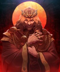 Rule 34 | 1boy, beard, blonde hair, commentary, crossed arms, crown, elden ring, english commentary, facial hair, full beard, gold bracelet, gold trim, hand on own chest, jewelry, looking at viewer, medium hair, multiple rings, praetor rykard, red robe, ring, robe, sun, taticastellanogonzalez, veins, veiny hands, yellow eyes