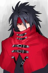 1boy az belt_buckle black_hair black_jacket buckle cape cloak covered_mouth final_fantasy final_fantasy_vii gradient_background hair_between_eyes headband highres jacket long_hair male_focus red_cape red_cloak red_eyes red_headband solo spiked_hair upper_body vincent_valentine