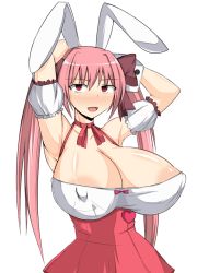 Rule 34 | 1girl, animal ears, areola slip, arm behind head, armpits, bare shoulders, breasts, covered erect nipples, curvy, di gi charat, dress, female focus, hair ornament, hair ribbon, huge breasts, large areolae, long hair, long twintails, musuka (muska), pink hair, rabbit ears, red eyes, ribbon, simple background, skirt, solo, twintails, usada hikaru, white background
