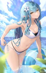 Rule 34 | 1girl, absurdres, adjusting clothes, adjusting swimsuit, arched back, bikini, blue hair, blue sky, blurry, blush, breasts, cleavage, closed mouth, cloud, day, depth of field, elf, flower, hair flower, hair ornament, highres, holding, holding swim ring, hololive, huge filesize, innertube, leaning forward, long hair, looking at viewer, medium breasts, navel, ocean, pointy ears, shiina aoi, side-tie bikini bottom, sky, solo, swim ring, swimsuit, very long hair, virtual youtuber, water, wet, wet hair, white flower, yellow eyes, yukihana lamy