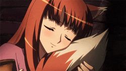 Rule 34 | 1girl, animal ears, animated, animated gif, brown hair, drunk, closed eyes, holo, long hair, lowres, screencap, smile, spice and wolf, tail, wolf ears