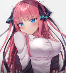 Rule 34 | 1girl, black jacket, blue eyes, blush, breasts, butterfly hair ornament, buttons, closed mouth, collared shirt, commentary request, dress shirt, frown, go-toubun no hanayome, hair ornament, hand on own chest, hand up, head tilt, jacket, large breasts, light particles, long hair, looking at viewer, nail polish, nakano nino, naomi (fantasia), off shoulder, open clothes, open jacket, pink hair, shirt, solo, two side up, upper body, v-shaped eyebrows, white shirt
