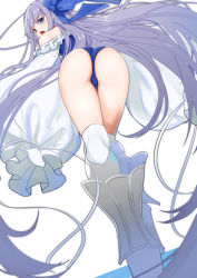 Rule 34 | 1girl, ass, blue bow, blue eyes, bow, fate/grand order, fate (series), frills, from behind, from below, hair bow, kneepits, long hair, looking back, meltryllis, meltryllis (fate), meltryllis (swimsuit lancer) (fate), meltryllis (swimsuit lancer) (second ascension) (fate), one-piece swimsuit, open mouth, prosthesis, prosthetic leg, purple hair, simple background, sleeves past wrists, solo, swimsuit, very long hair, white background, yuuzuki (re&#039;ef)