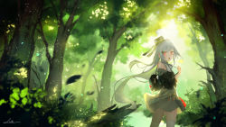 Rule 34 | 1girl, :o, backpack, bag, bare shoulders, black headwear, black jacket, black necktie, blurry, blurry background, blush, braid, commentary request, depth of field, eyebrows hidden by hair, forest, grey hair, grey skirt, hair between eyes, highres, jacket, long hair, looking at viewer, nature, necktie, off shoulder, open mouth, original, outdoors, red eyes, saraki, shirt, skirt, sleeveless, sleeveless shirt, solo, thighhighs, tilted headwear, v-shaped eyebrows, very long hair, white shirt, white thighhighs