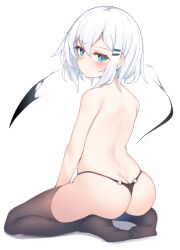 Rule 34 | 1girl, ass, black panties, black thighhighs, blue eyes, blush, butt crack, closed mouth, from behind, hair ornament, hairclip, highres, looking at viewer, looking back, no shoes, o-ring, original, otokuyou, panties, ringo-chan (otokuyou), simple background, sitting, solo, thighhighs, thong, topless, underwear, wariza, white background, white hair