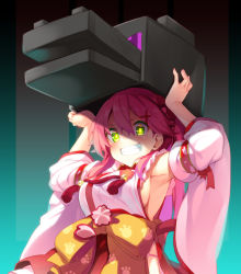 Rule 34 | 1girl, armpits, breasts, carrying, carrying overhead, detached sleeves, dodome-iro mayonnaise, ender dragon, green eyes, hair between eyes, hair ornament, hairclip, hololive, minecraft, paw print, paw print pattern, pink hair, sakura miko, sakura miko (1st costume), shadow, sideboob, teeth, virtual youtuber, x hair ornament