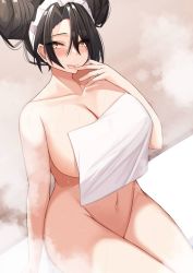 Rule 34 | 1girl, :p, agent (girls&#039; frontline), bare shoulders, bath, black hair, blush, breasts, cleavage, collarbone, commission, covering privates, double bun, girls&#039; frontline, hair bun, jewelry, kazuha (saku kn), large breasts, licking, licking finger, maid headdress, medium hair, navel, nude, nude cover, ring, second-party source, sitting, solo, steam, sweat, tongue, tongue out, wedding band, yellow eyes