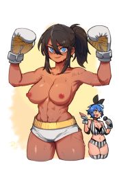 Rule 34 | &gt;:), 2girls, arms up, bare shoulders, black hair, blue eyes, boxing gloves, breasts, cleavage, closed mouth, collarbone, commentary, cropped legs, dark-skinned female, dark skin, dif (difman), difman, english commentary, fingerless gloves, gloves, grey gloves, hair between eyes, highres, looking at viewer, medium breasts, multiple girls, nipples, original, ponytail, short shorts, shorts, smile, solo focus, striped clothes, striped thighhighs, sweat, thighhighs, topless, v-shaped eyebrows, vertical-striped clothes, vertical-striped thighhighs, white background, white shorts