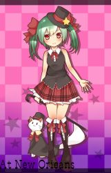 Rule 34 | 1girl, aqua hair, bare shoulders, boots, bow, bowtie, cane, cat, english text, engrish text, hair bow, hair ribbon, hat, hatsune miku, highres, plaid, ranguage, red eyes, ribbon, skirt, smile, solo, top hat, tosura-ayato, twintails, vocaloid