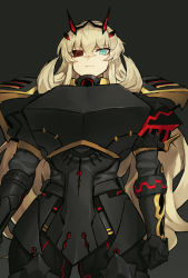 Rule 34 | 1girl, alternate color, armor, black armor, black sclera, blush, breastplate, colored sclera, barghest (fate), barghest (first ascension) (fate), fate/grand order, fate (series), faulds, full armor, gauntlets, green eyes, heterochromia, highres, looking at viewer, melon22, mismatched sclera, pauldrons, red eyes, shoulder armor, solo, tall female