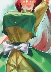 Rule 34 | 1girl, blurry, blurry background, blush, bow, breast focus, breasts, head out of frame, highres, large breasts, long hair, open mouth, orange (touhou), red hair, solo, teruteru12, touhou, waist bow