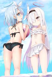 2girls absurdres arona_(blue_archive) ass back ball bare_shoulders beachball bikini black_bikini black_hairband blue_archive blue_eyes blue_hair blue_sky blush bow_hairband braid breasts choker colored_inner_hair grey_eyes hair_over_one_eye hairband halo highres light_blue_hair long_hair looking_at_viewer looking_back multicolored_hair multiple_girls navel open_mouth pink_hair plana_(blue_archive) sen_(astronomy) short_hair side_braid sky small_breasts swimsuit very_long_hair wading water white_bikini white_hair white_hairband