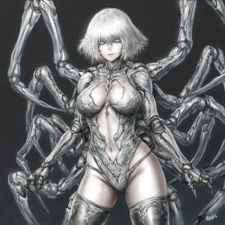 Rule 34 | 1girl, arthropod girl, doll joints, black background, blue eyes, breasts, highres, insect girl, large breasts, lips, looking at viewer, misawa kaoru, monster girl, navel, pale skin, short hair, solo, spider girl, thighhighs, white hair