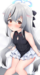 Rule 34 | 1girl, :o, animal ear fluff, animal ears, bare shoulders, bed sheet, black bow, black dress, black hair, blue archive, blush, bow, breasts, brown eyes, cleavage cutout, clothing cutout, commentary request, dress, feet out of frame, grey hair, hair between eyes, hair bow, halo, highres, knees together feet apart, kokona (blue archive), layered skirt, leaning forward, long hair, looking at viewer, maccha, multicolored hair, parted lips, pelvic curtain, pleated skirt, simple background, sitting, skirt, sleeveless, sleeveless dress, small breasts, solo, streaked hair, striped clothes, striped dress, sweat, vertical-striped clothes, vertical-striped dress, very long hair, white background, white skirt