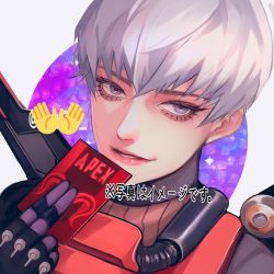 Rule 34 | 1girl, apex legends, birthright valkyrie, card, emoji, gloves, grey eyes, grey hair, head tilt, highres, holding, holding card, jetpack, looking at viewer, parted lips, portrait, purple gloves, short hair, smile, solo, tama (ponz3o1), valkyrie (apex legends)