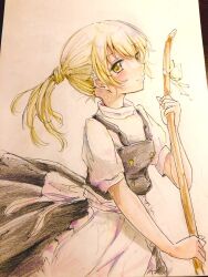 Rule 34 | 1girl, apron, black overalls, black skirt, black vest, blonde hair, collar, collared shirt, colored pencil (medium), graphite (medium), looking at viewer, orya 422, overalls, shirt, short sleeves, skirt, solo, touhou, traditional media, vest, waist apron, white apron, white background, white shirt, yellow eyes