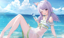Rule 34 | 1girl, absurdres, animal ears, bare shoulders, barefoot, bikini, blush, bottle, cloud, collarbone, groin, highres, holding, holding bottle, horse ears, horse girl, horse tail, light purple hair, long hair, looking at viewer, mejiro mcqueen (ripple fairlady) (umamusume), mejiro mcqueen (umamusume), navel, ocean, one eye closed, open mouth, outdoors, purple eyes, ramune, rei (ilust9999), see-through, smile, solo, swimsuit, tail, umamusume, water, water drop, white bikini