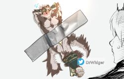 Rule 34 | 2boys, :3, ainu clothes, animal ears, arms behind head, bara, blush, brown hair, chest hair, dr whiger, embarrassed, full body, furry, furry male, grey fur, highres, horkeu kamui, kid taped to wall (meme), large pectorals, male focus, protagonist 4 (housamo), meme, multiple boys, muscular, muscular male, pectorals, pelvic curtain, tokyo houkago summoners, two-tone fur, white fur, wolf boy, wolf ears