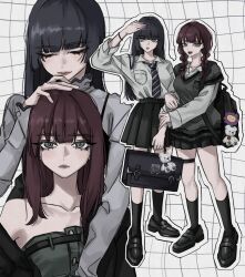 Rule 34 | 17motomode, 2girls, black hair, blunt bangs, bracelet, braid, briefcase, closed eyes, closed mouth, full body, grid background, hand on another&#039;s head, highres, holding, holding another&#039;s arm, holding briefcase, jewelry, lips, looking at viewer, multiple girls, multiple views, open mouth, original, pleated skirt, school briefcase, skirt, smile, thigh strap, twin braids