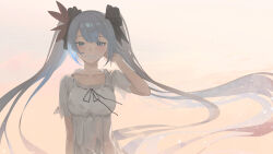 Rule 34 | 1girl, backlighting, black bow, blue eyes, blue hair, bow, breasts, brown background, commentary, darkzmonsty, dress, english commentary, hair bow, hand up, hatsune miku, highres, long hair, looking at viewer, medium breasts, pleated dress, short sleeves, sidelocks, smile, solo, supreme (module), twintails, very long hair, vocaloid, white dress, world is mine (vocaloid)