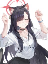 Rule 34 | 1girl, ^ ^, absurdres, animal ear fluff, animal ears, black choker, black hair, black pants, black wings, blue archive, choker, closed eyes, collarbone, collared shirt, commentary, ear tag, fake animal ears, hair ornament, hairclip, halo, highres, ichika (blue archive), long hair, long sleeves, pants, rang go, red halo, shirt, simple background, smile, white background, white shirt, wings