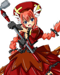 Rule 34 | &gt;:d, 00s, 1girl, :d, beret, blue eyes, braid, dress, graf eisen, hair ornament, hammer, hat, holding, holding weapon, long hair, long sleeves, looking at viewer, lowres, lyrical nanoha, mahou shoujo lyrical nanoha, mahou shoujo lyrical nanoha a&#039;s, open mouth, orange hair, polearm, rabbit hair ornament, red dress, simple background, smile, solo, twin braids, v-shaped eyebrows, vita (nanoha), weapon, white background