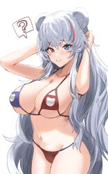 Rule 34 | 1girl, ?, absurdly long hair, animal ears, arknights, bare arms, bare shoulders, bear ears, blue eyes, breasts, commentary request, cowboy shot, hair streaks, heterochromia, highres, horn/wood, large breasts, long hair, looking at viewer, multicolored clothes, multicolored swimsuit, navel, red eyes, rosa (arknights), simple background, smile, solo, spoken question mark, standing, stomach, swimsuit, very long hair, white hair