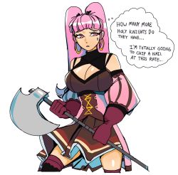 Rule 34 | 1girl, 3amsoda, absurdres, axe, black thighhighs, breasts, brown dress, cleavage, cleavage cutout, clothing cutout, commentary, detached sleeves, dress, earrings, english commentary, english text, female focus, fire emblem, fire emblem: three houses, gloves, highres, hilda valentine goneril, holding, holding axe, holding weapon, hoop earrings, jewelry, large breasts, long hair, matching hair/eyes, nintendo, pink eyes, pink gloves, pink hair, solo, thighhighs, thought bubble, twintails, underbust, weapon, white background