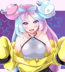 Rule 34 | 1girl, :d, absurdres, blush, breasts, character hair ornament, collarbone, commentary request, creatures (company), game freak, grey shirt, hair ornament, highres, iono (pokemon), jacket, long hair, looking at viewer, medium breasts, muki (munikichan), multicolored hair, nintendo, off shoulder, open mouth, pokemon, pokemon sv, purple eyes, purple hair, sharp teeth, shirt, sleeveless, sleeveless shirt, smile, solo, star (symbol), teeth, two-tone hair, upper body, upper teeth only, yellow jacket
