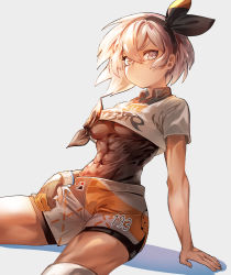 Rule 34 | 1girl, abs, arm support, bad id, bad pixiv id, bea (pokemon), black bodysuit, black gloves, black hairband, black ribbon, blush, bodysuit, bodysuit under clothes, breasts, closed mouth, clothes writing, covered navel, creatures (company), crop top, crop top overhang, dark-skinned female, dark skin, game freak, gloves, grey eyes, gym leader, hair ribbon, hairband, highres, leaning back, medium breasts, nintendo, partially fingerless gloves, pokemon, pokemon swsh, ribbon, shirt, short hair, short sleeves, shorts, silver hair, single glove, sitting, skin tight, solo, suru (ksoo420), tied shirt, v-shaped eyebrows